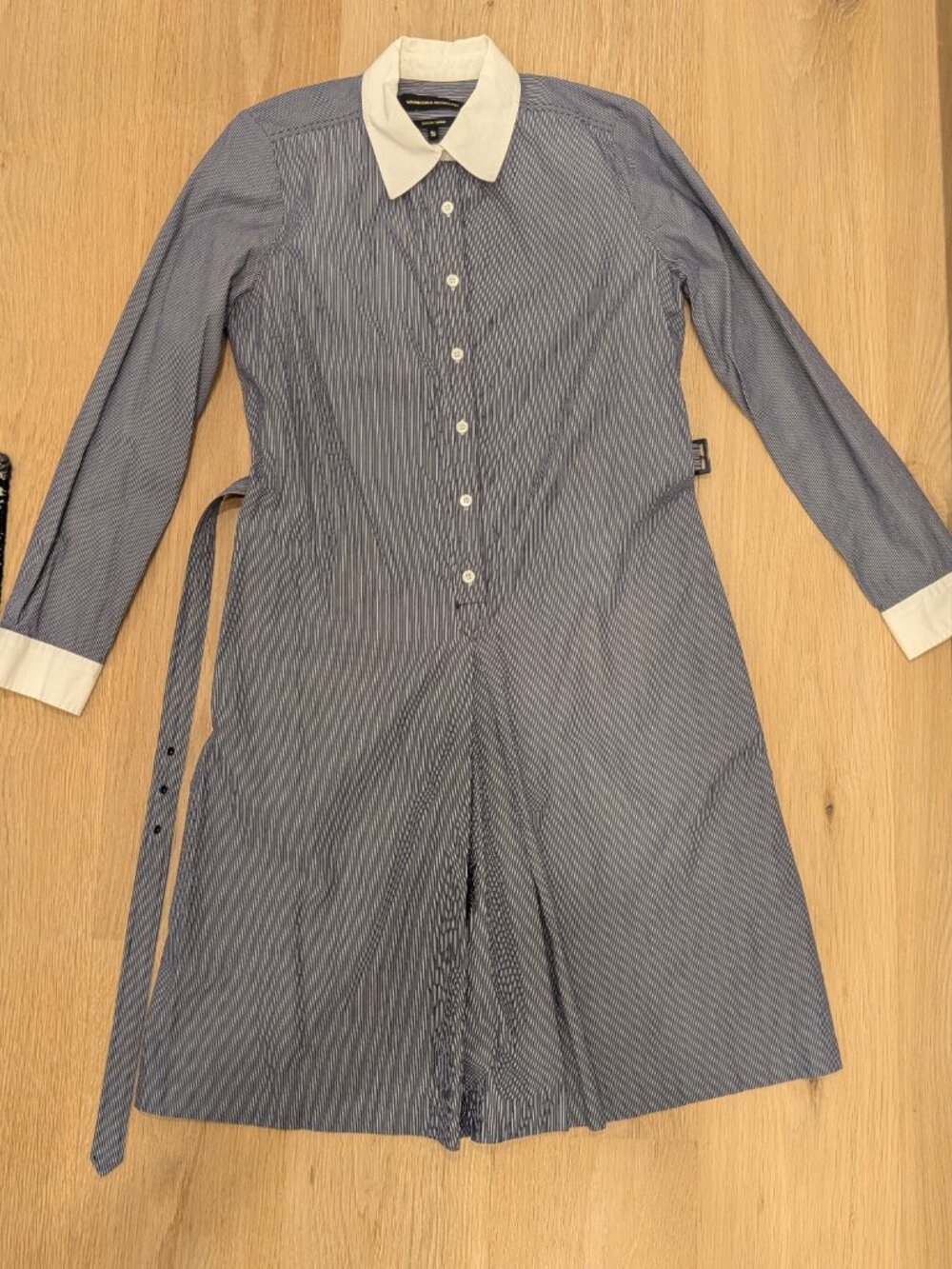 Vanessa Seward Navy Pinstripe Cotton Shirt Dress Contrast White Collar Belted FR